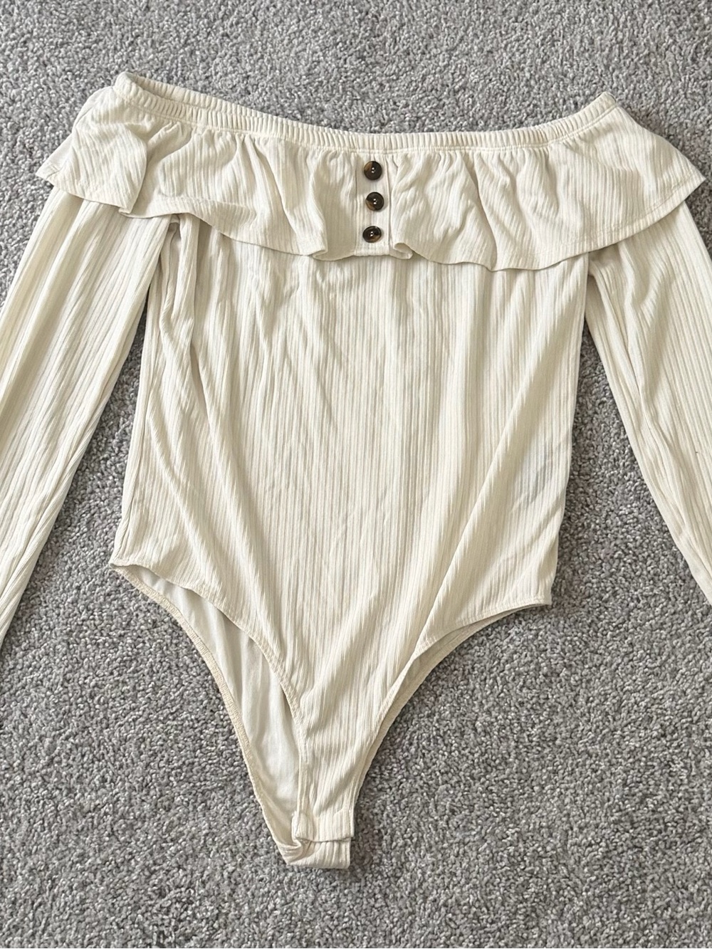 Cream Off-Shoulder Ruffle Long-Sleeve Bodysuit